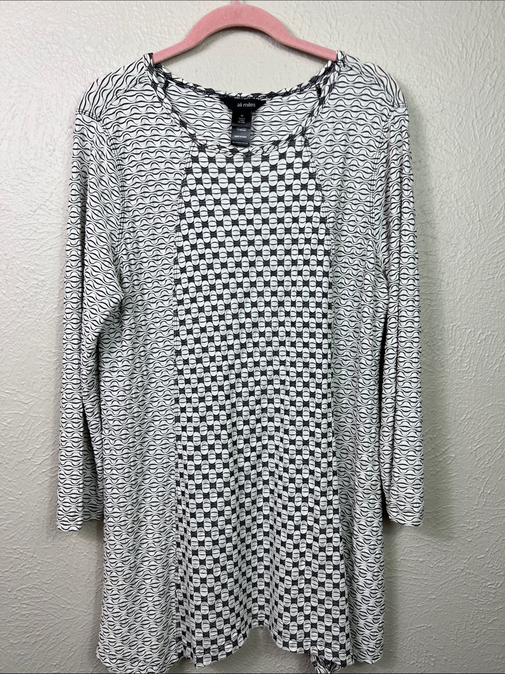 Ali Miles Black & White 3/4 Sleeve Textured Scoop Neck Tunic Top Medium